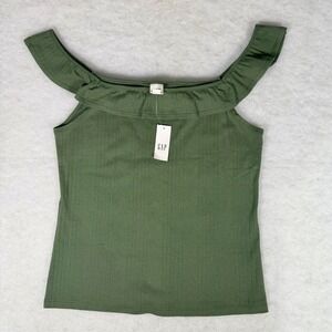 Gap NWT Olive Green Ribbed Ruffle Square Neck Tank Top Large Capsule Wardrobe